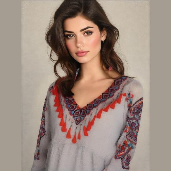 Chicos Blue White Stripe Red Purple Embroidered Ethnic Boho Flowy Hippie Top XS - Picture 1 of 11